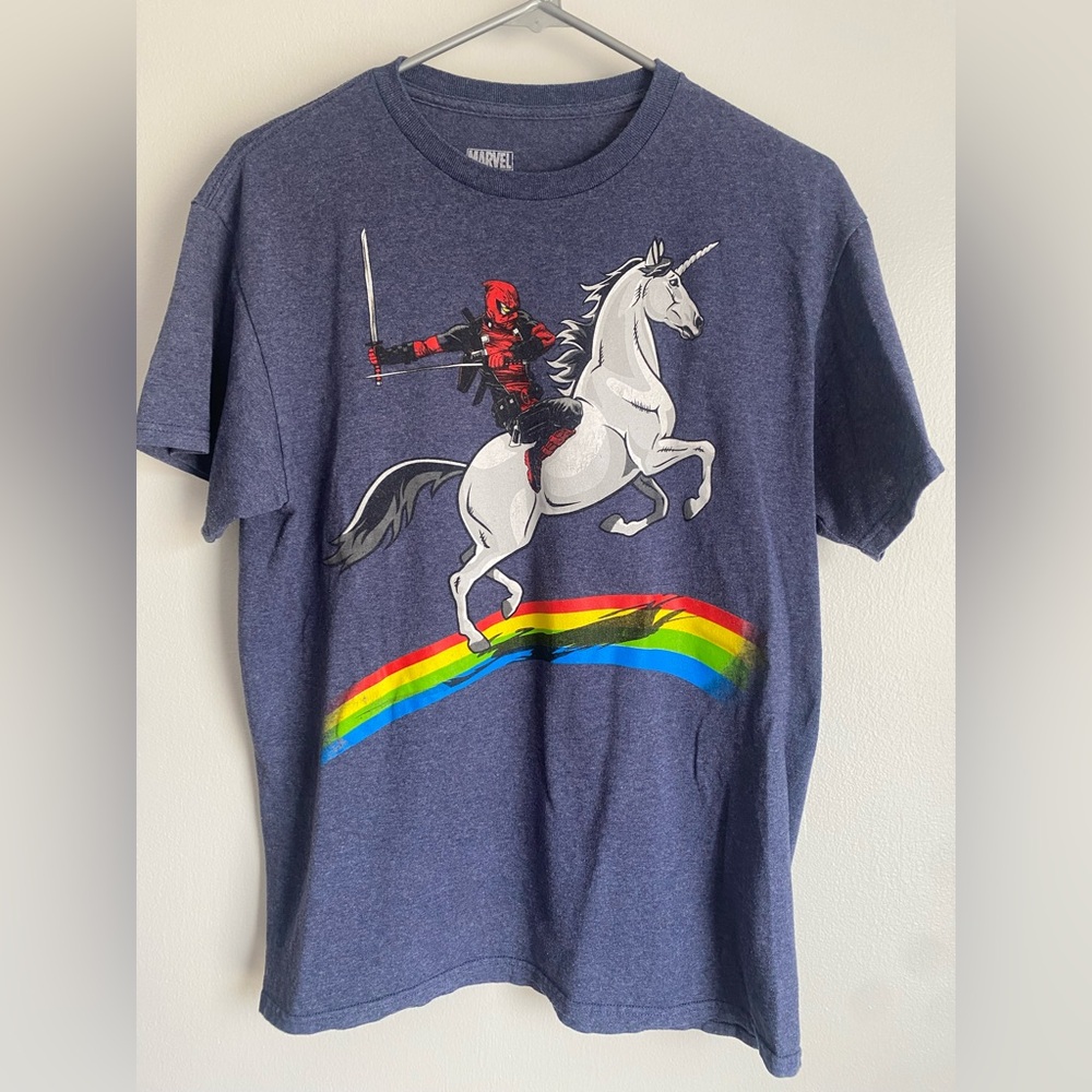 Marvel Blue T-Shirt with Deadpool and Unicorn